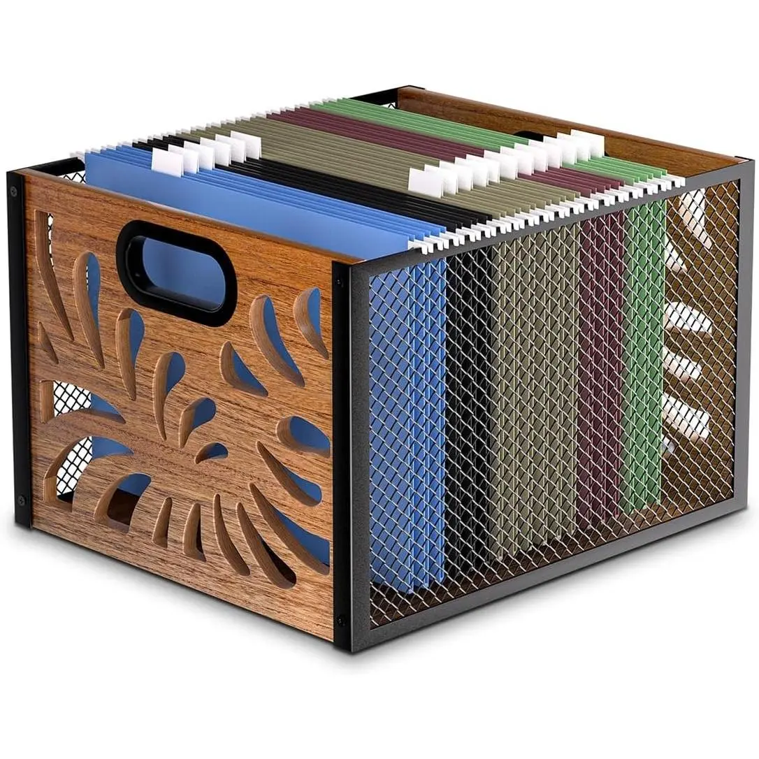 Wood Hanging File Organizer Box for Letter Size, Decorative Portable File Storage Bin with Desktop Folder Organizer for Home Office School Desk CabinetGift