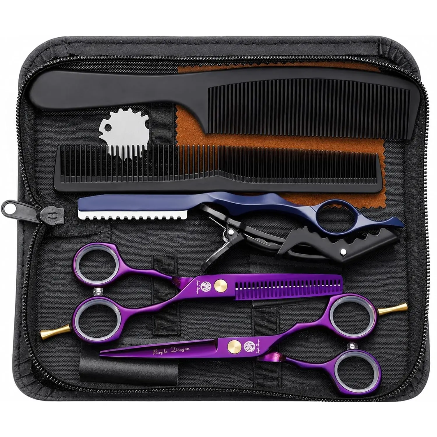 5.5 inch Hair Cutting Scissors Set with Razor, Leather Scissors Case, Barber Hair Cutting Shears Hair Thinning/Texturizing Shears Professional Hairdresser or Home Use (Purple)