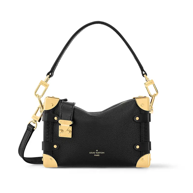 Women's Louis Vuitton Trunk Side Handbag - Small Black Smooth Leather Box-Style, Detachable Adjustable Strap, Carry-All, Antique-Inspired, Contemporary Detachable Women's Handbags, Carry-All Women's Handbags