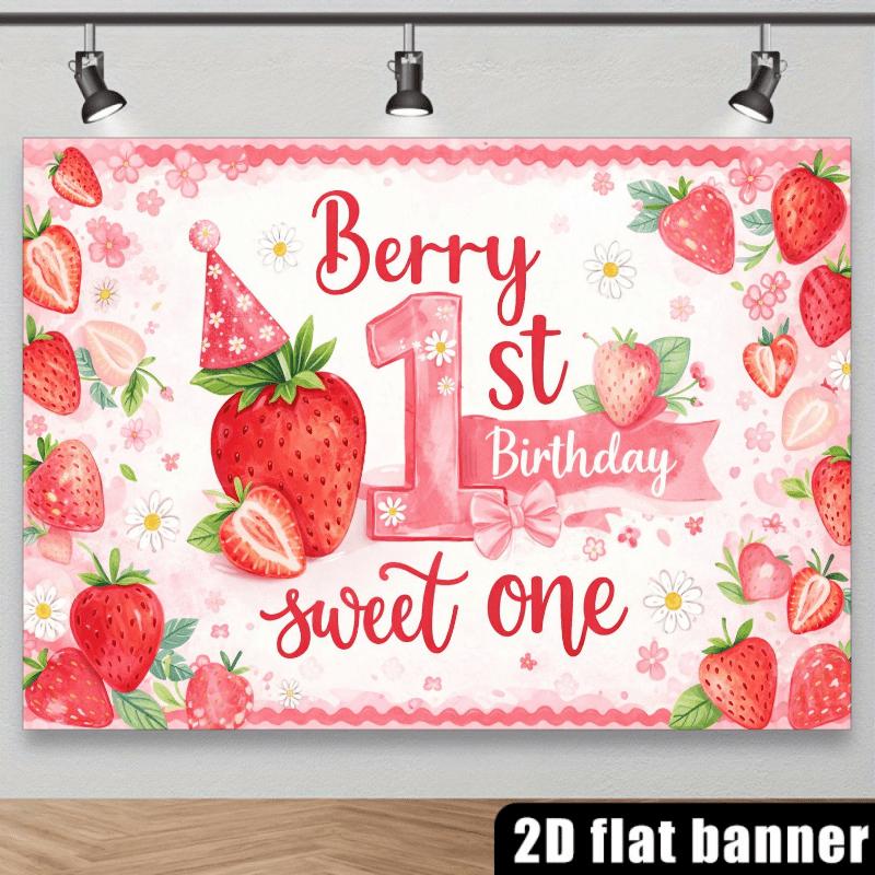 2D Flat Strawberry-Themed 1St Birthday Party Backdrop, Featuring a Pink Number "1" in The Center with Red "Berry 1St Birthday" Artistic Font, Surrounded by Whole And Sliced Strawberries, Green Leaves, White Dai