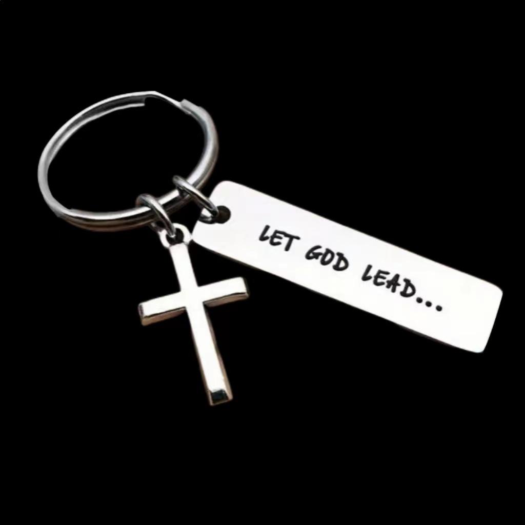 Let God Lead Cross Keychain, Engravable Stainless Steel Christian Charm, Religious Faith Key Ring for Backpack Bag Accessory