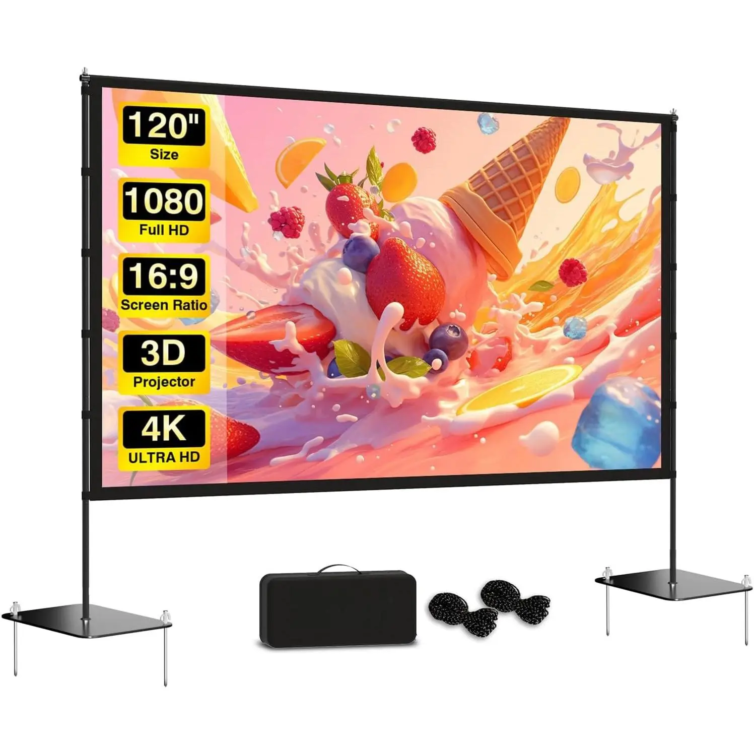 Outdoor-Projector-Screen-with-Stand - 120 inch Portable Projector Screen Indoor Outdoor Projector Screens 16:9 4K  Lightweight Movie Screen with Carry Bag for Backyard Movie Night
