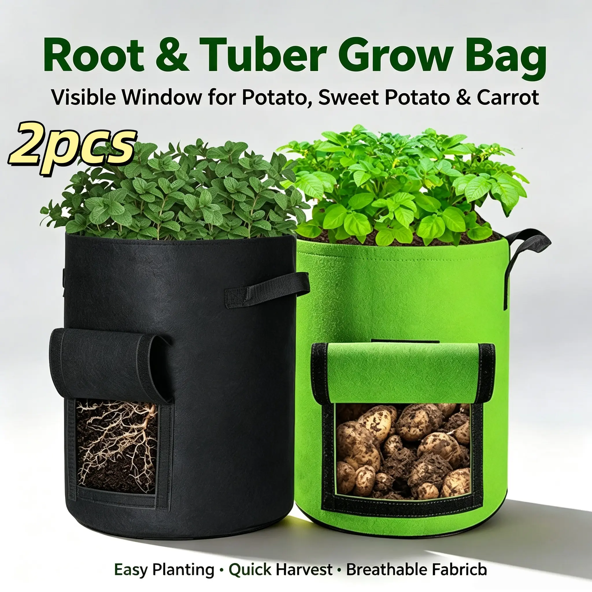 2-Pack Thick Non-Woven Potato Planting Bags with Harvest Window, Breathable Balcony Vegetable Pots, Reusable Gardening Grow Bags, Planter Bags