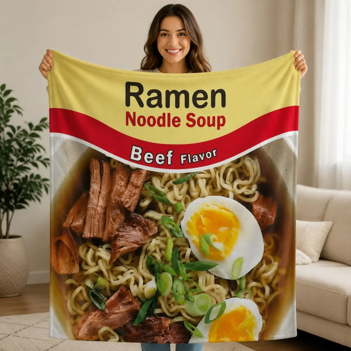 Ramen Noodle Soup Throw Blanket, Funny Food Design Cover Blanket with Instant Noodle Pattern for Sofa, Bedroom and Home Decor, Unique Gift for Food Lovers