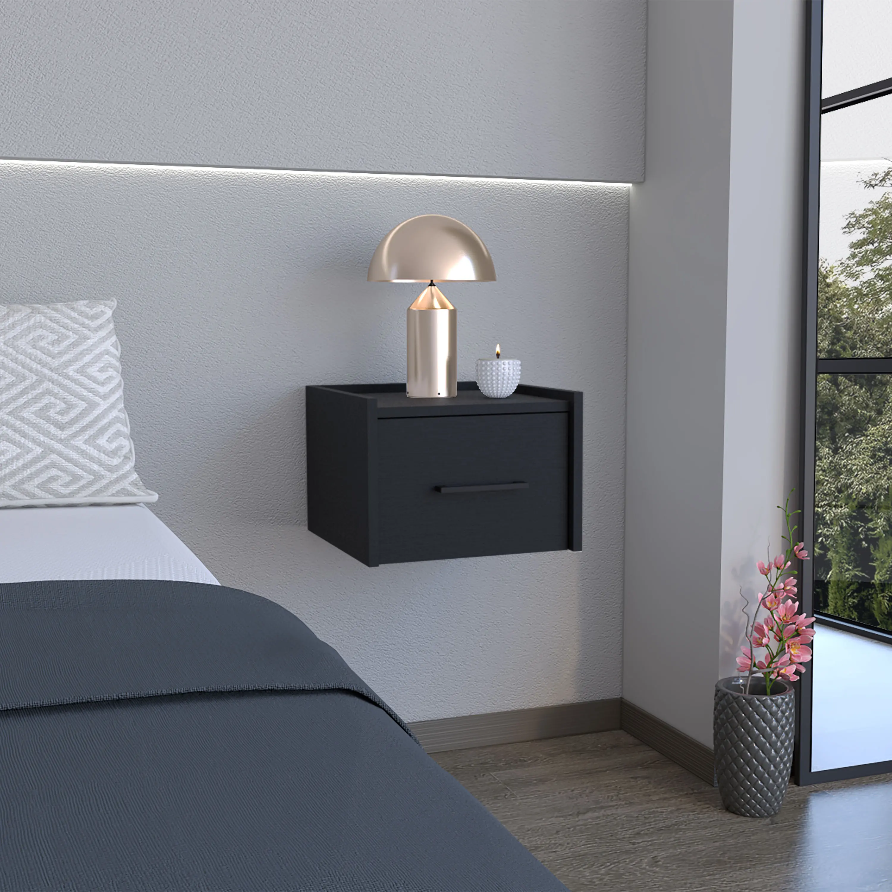 Nokaa Floating Nightstand with Drawer, Wall Mounted Bedside Table, Modern Engineered Wood Night Stand with Storage Shelf, Space Saving Bedroom Furniture for Small Spaces, Black Finish, Multiple Options