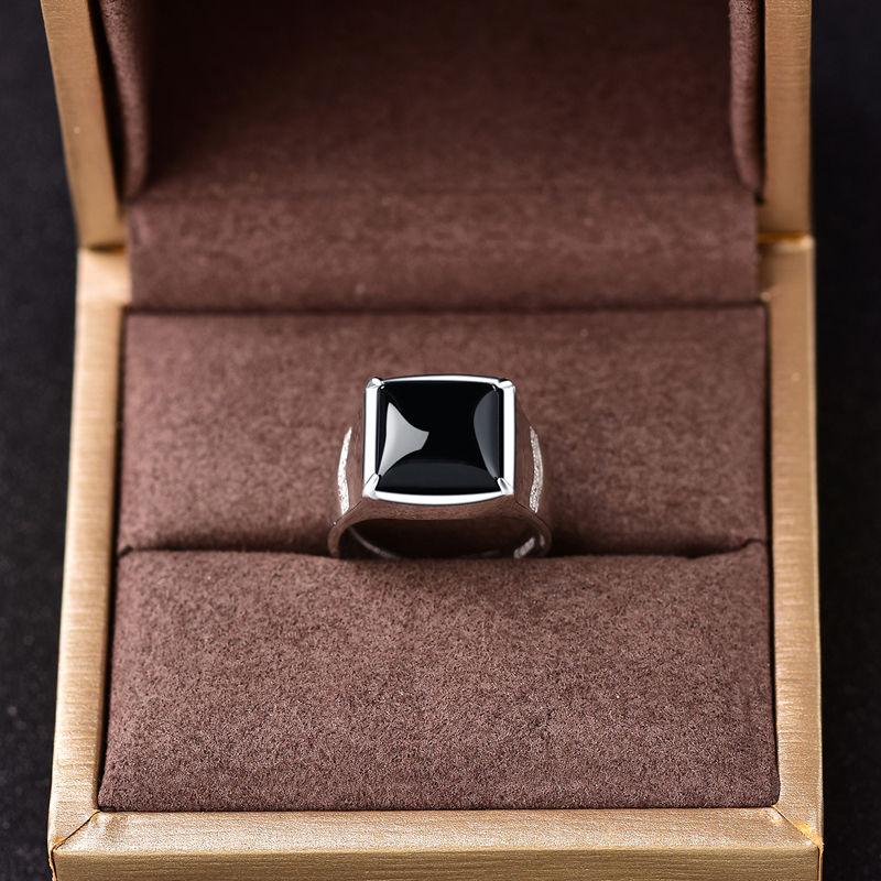 New silver advanced creative geometric diamond inlaid black agate gemstone men's lady domineering exaggerated adjustable ring