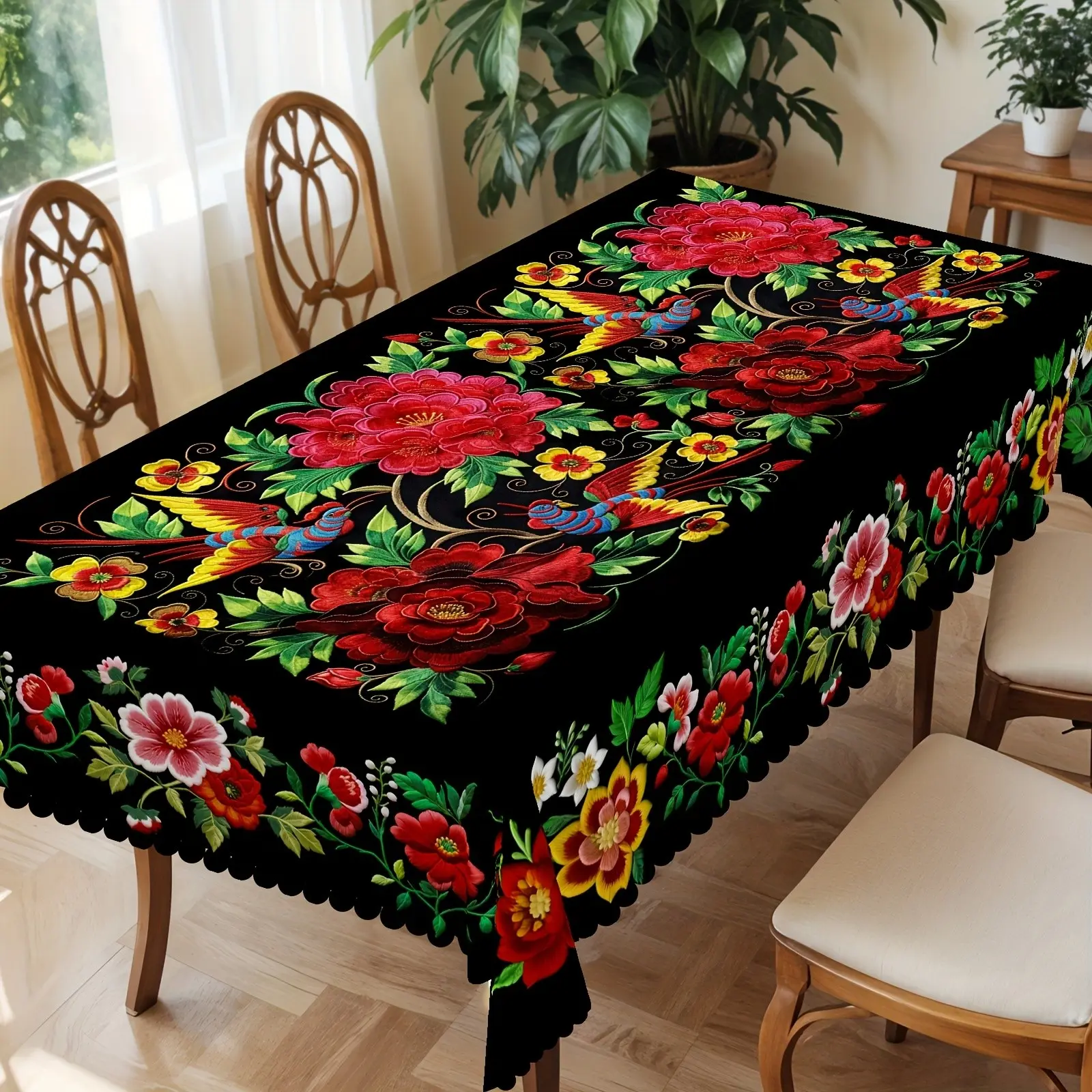 Vibrant Mexican Floral Rectangular Tablecloth, Perfect for Kitchen Decor, Party, Holiday Celebrations, Ideal Gift, All-Season Use
