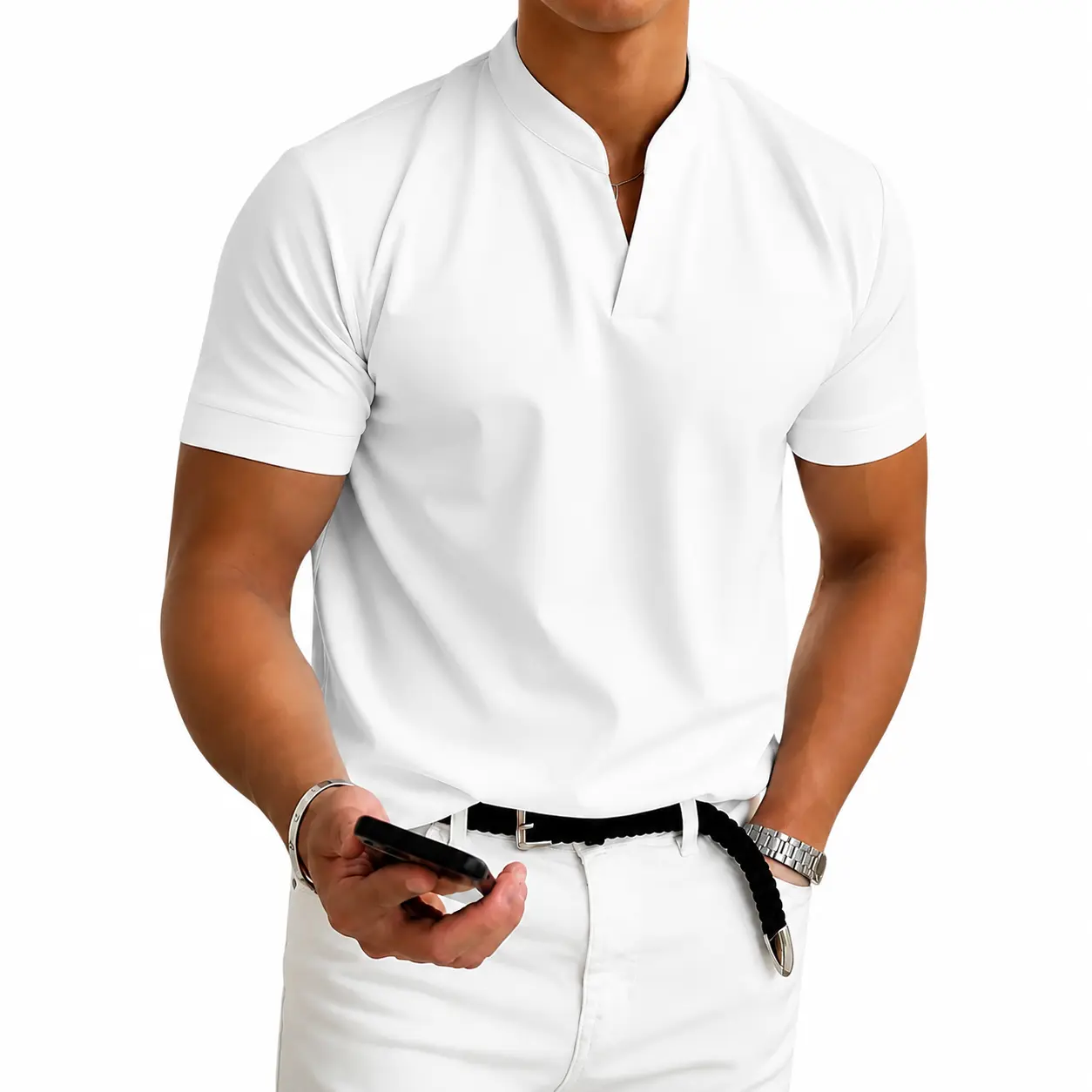 Men's Premium Notch Neck Short Sleeve Slim Fit T-Shirt - Minimalist Breathable Polyester Fabric, Temperature Regulation Casual Athletic Plain Outfits for Outdoor Summer Menswear