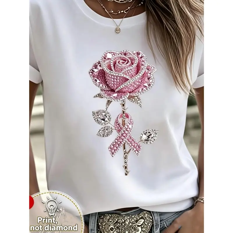 Women's Top: Stylish T-Shirt with Diamond-Style Rose Print Casual Solid Color T-Shirt for Lady, Comfortable Short-Sleeve Fit for Outdoor & Everyday Wear, Multiple Sizes