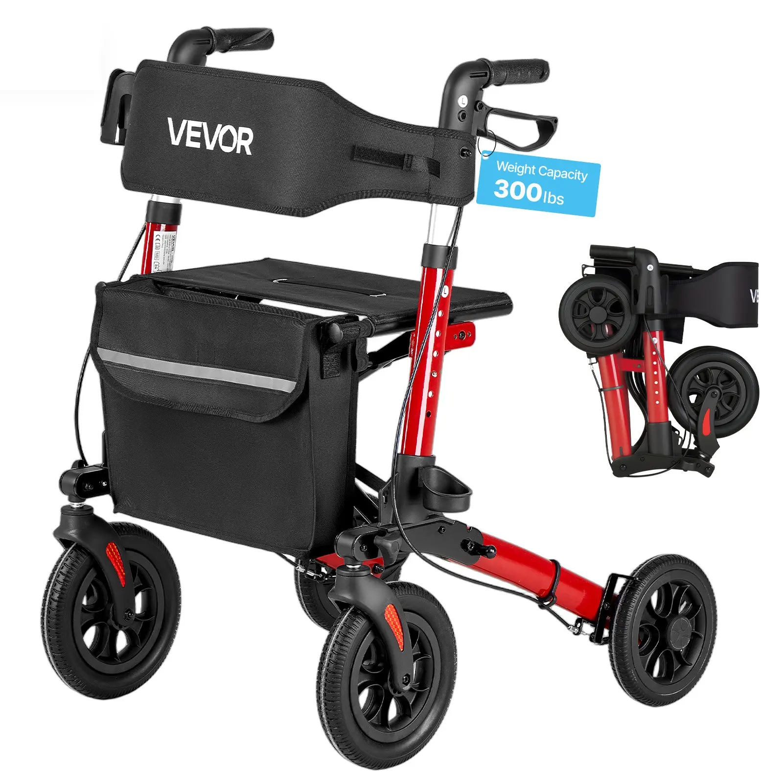 VEVOR Rollator Walker with Seat for Seniors, Ultra Compact 3-Fold Rolling Walker, Lightweight Aluminum Mobility Walking Aid with PU Solid Wheels, Adjustable Handle, Cup & Cane Holder - Supports 300LB