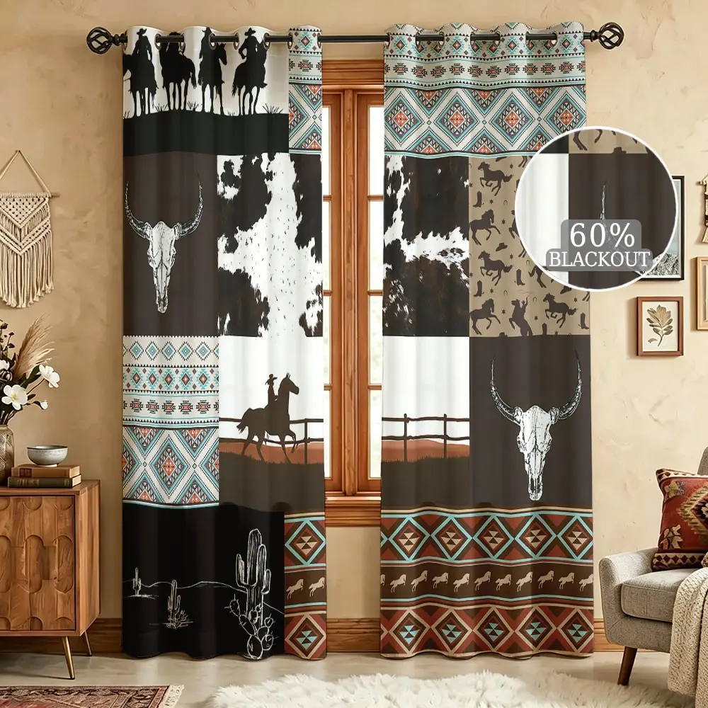 2 Panels 60-65%  Boho Blackout Window Curtains,Western Cowboy Print Light Blocking Room Darkening Drapes, Country Farmhouse Style Curtain for Living Room Bedroom Kitchen Home Decor