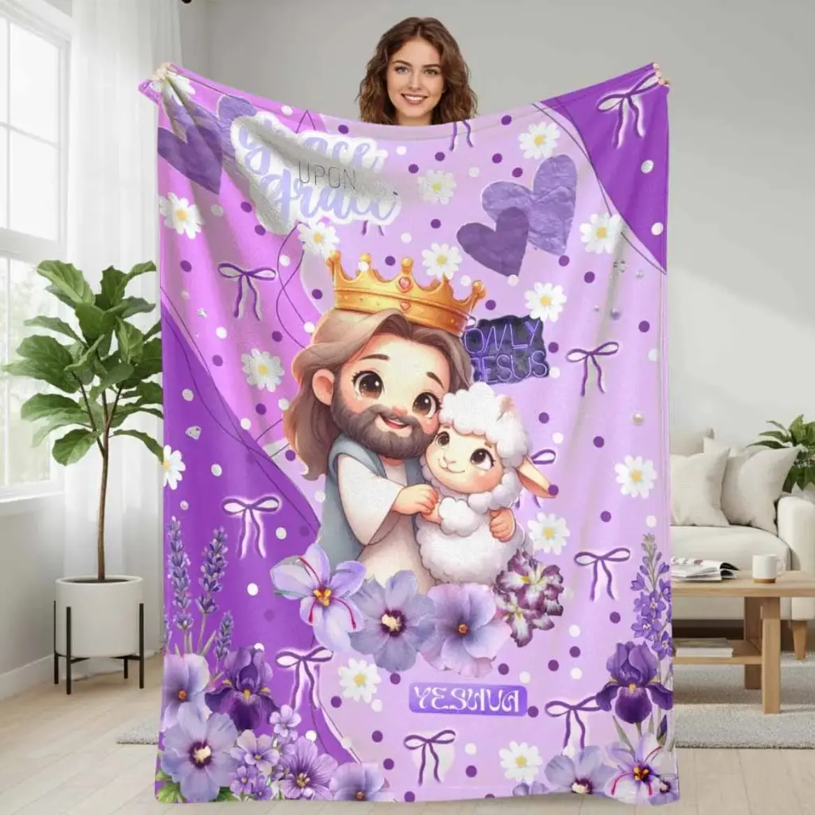 Jesus Lamb Grace Upon Grace Catholic Flannel Throw Blanket, Soft Cozy Warm Lightweight Blanket, Christian Faith Religious Home Decor for Living Room Bedroom, Gift for Believers Family Friends