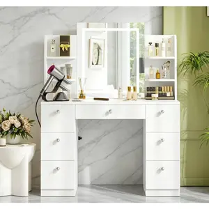 [Assembly video available Modern 55" Tall Makeup Vanity Table Set with 3 Color Lighted Mirror 7 Drawers & Outlet Gift