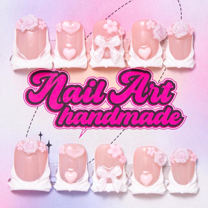 Duckbill Shaped Fake Nail, 10pcs Rhinestone & Flower Decor French Press on Nails for Women & Girls DIY Nail Art, Elegant Stick on Nails Kit, Handmade, Nail Supplies, Fake Nails, Flared Handmade Nails, Sparkly Studded Rhinestone