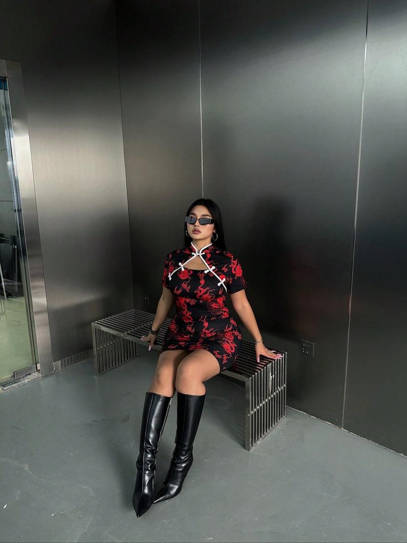 【plus Size】 Ethnic Pattern Mandarin Collar Bodycon Dress, Elegant Short Sleeve Short Dress for Party Holiday Wedding Guest, Women's Clothes for All Seasons, Formal Dress Hides Tummy, Shortsleeve Womenswear