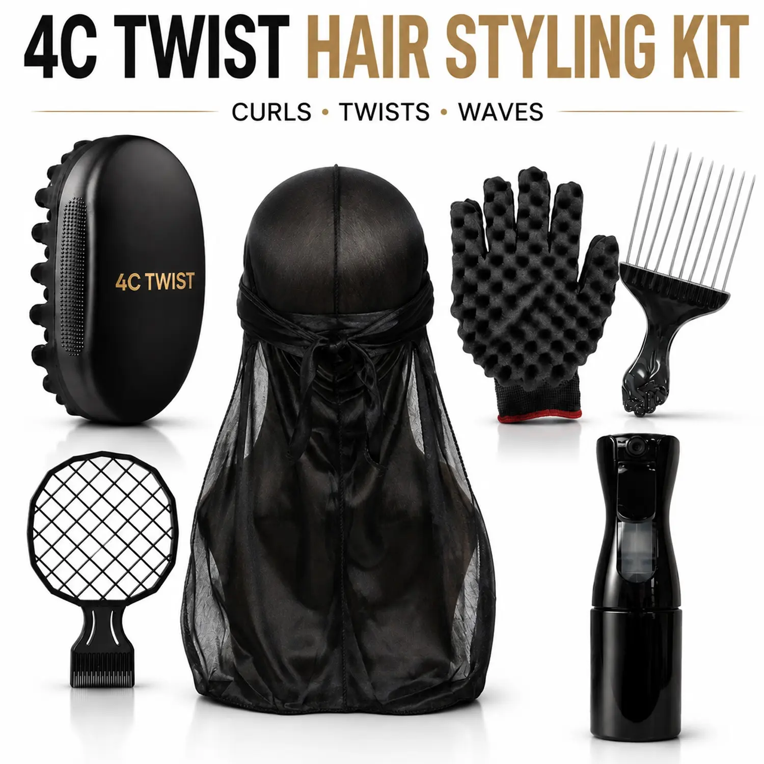 Men’s 4C Twist & Wave Styling Kit with Long Tail Durag, Twist Sponge, Wave Brush, Afro Pick Comb and Spray Bottle for Defining Curls, 360 Waves and Natural Textured Hair