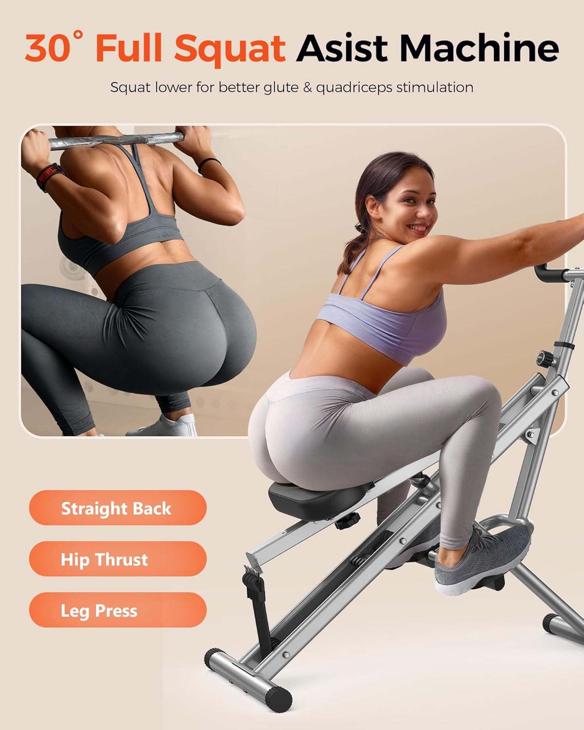 Squat Machine for Home,Ride & Rowing Machine for Glutes Butt Thighs,Ab Back/Leg Press,Foldable & Easy Setup Exercise Equipment w/Adjustable Resistance,350lbs Capacity