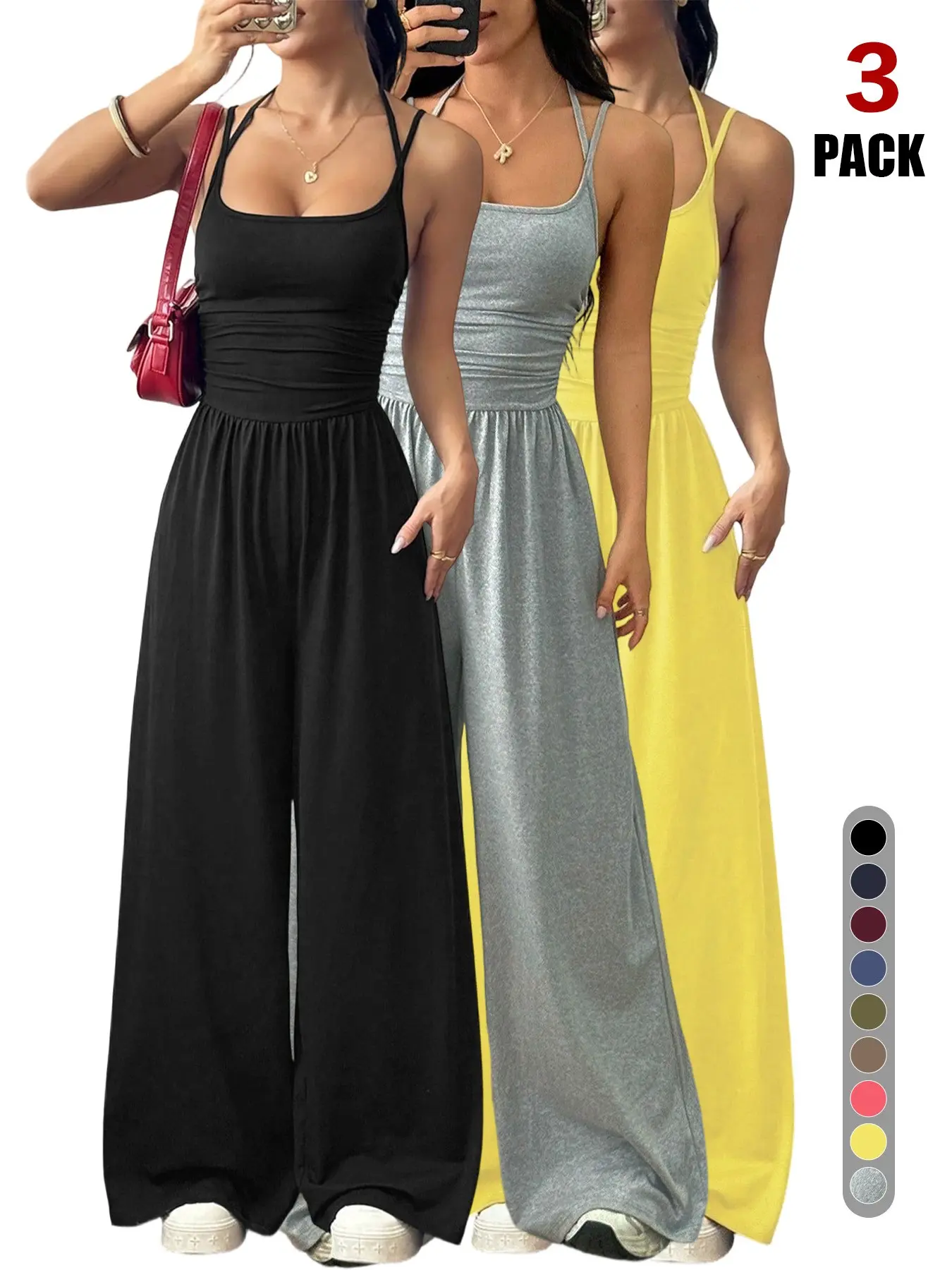 2026 Summer 3 Pack Jumpsuit Bundle, Square Neck Dual Strap, Crisscross Strap Hollow Back, Waist Ruches, Flowy Wide Leg Palazzo