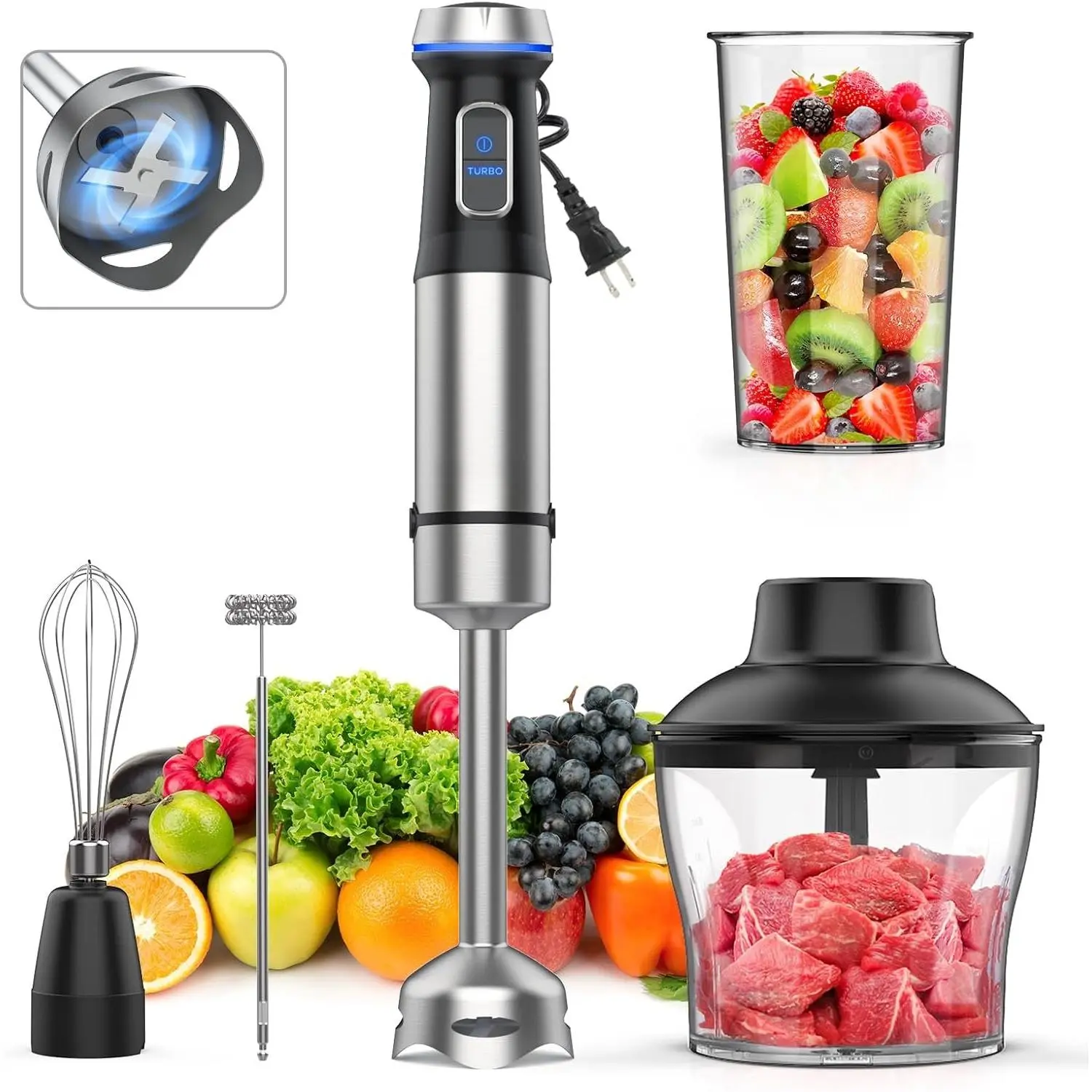 Immersion Blender 5 in 1 Hand Blender Max 1000W Heavy Duty , 16 Speed Mode Handheld Blender Stainless Steel  With 800ml Mixing Beaker, 600ml , Whisk and Milk Frother