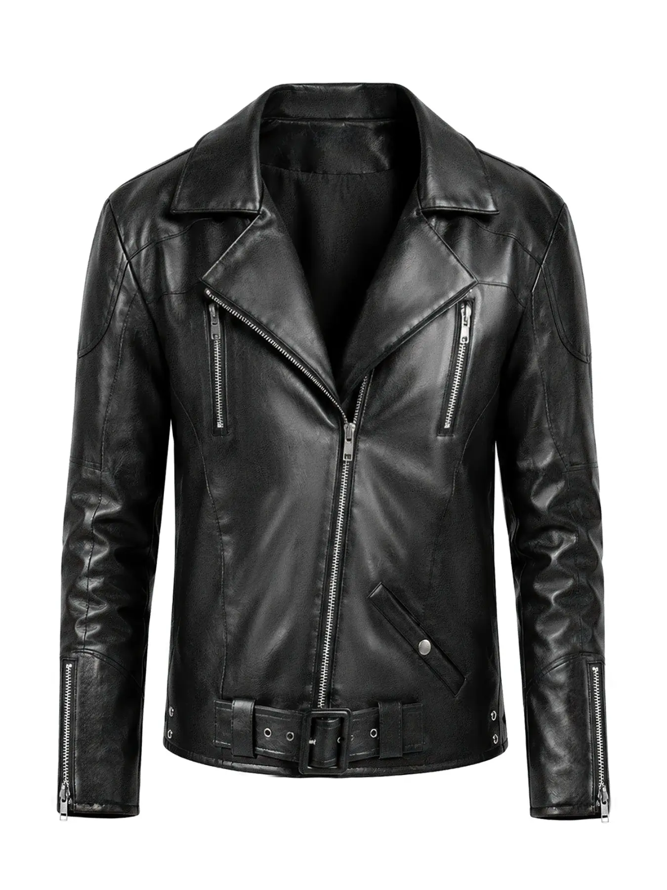 Men's Slim Fit PU Leather Long Sleeve Motorcycle Jacket, European and American Street Punk Style, Diagonal Zipper Leather Coat, Trendy Outerwear, Fashion Jacket, Jacket Coats