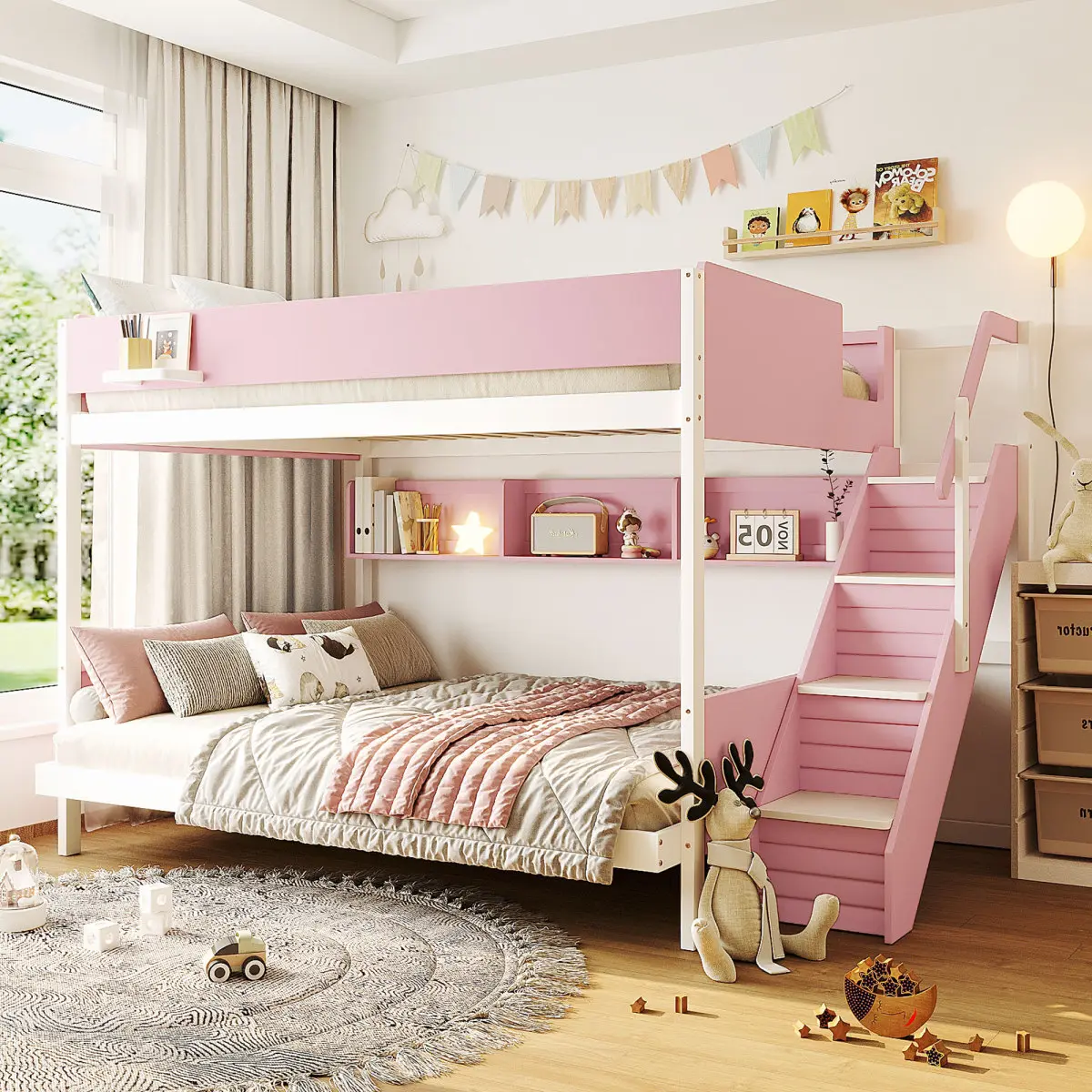[Bellemave] Wooden Bunk Bed with Striped-Design Staircase and Side Shelves, LED Lights and Safety Guardrail, Easy Assembly