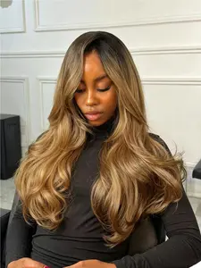 24-Inch Gradient Gold Wavy Wig, Center Part Synthetic Scalp Heat-Resistant Fiber wig, Realistic Look Artificial Hair