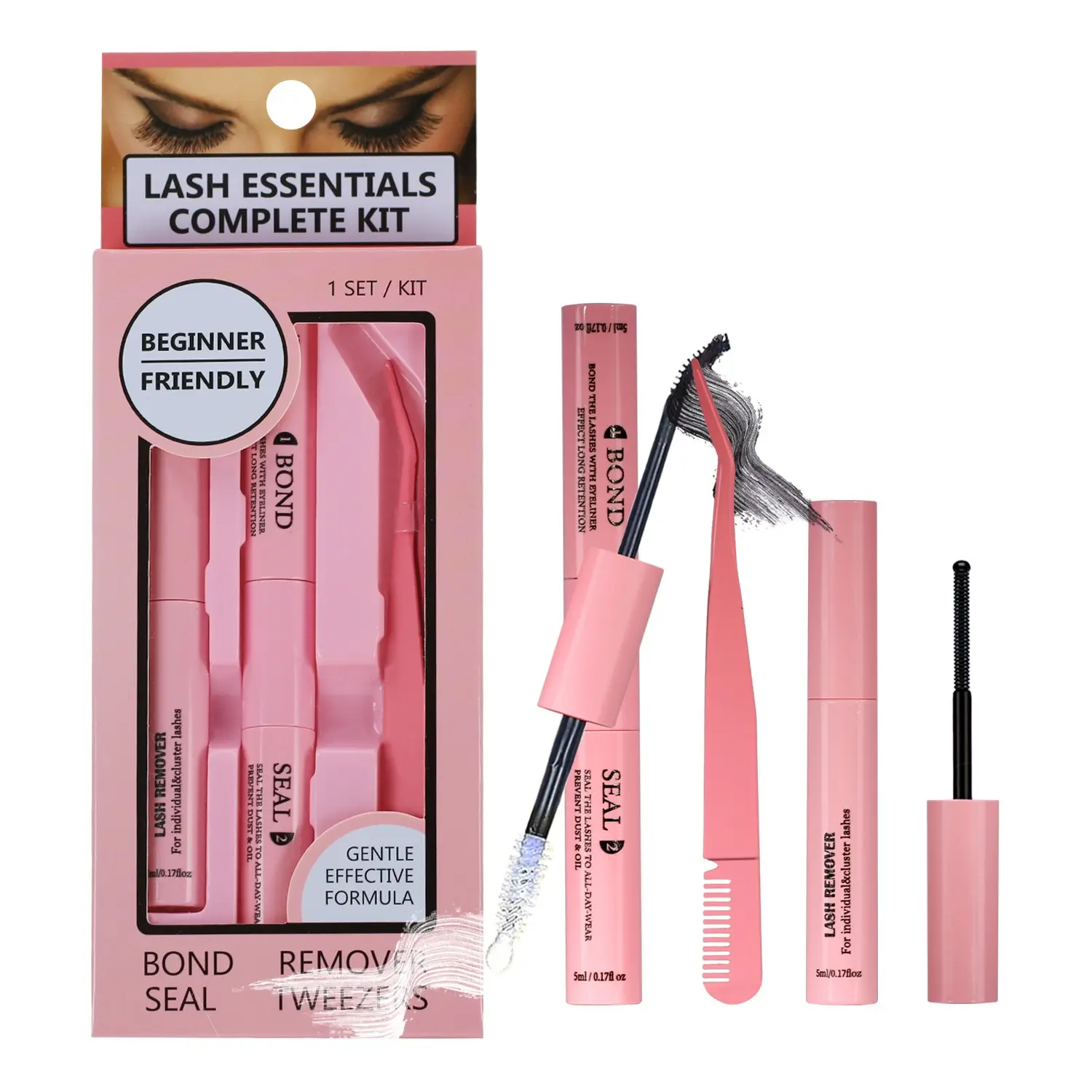 Bond and Seal, 2 in 1 Long-lasting Lash Bond & Seal Glue, Bond and Seal for Lashes, Gentle Lash Clusters Glue for Eyelashes Extensions, Lash Remover Oil, Lash Remover for Lash Extensions & Tweezers & 3 in 1 Eyelash Brush for DIY False Eyelashes at Home
