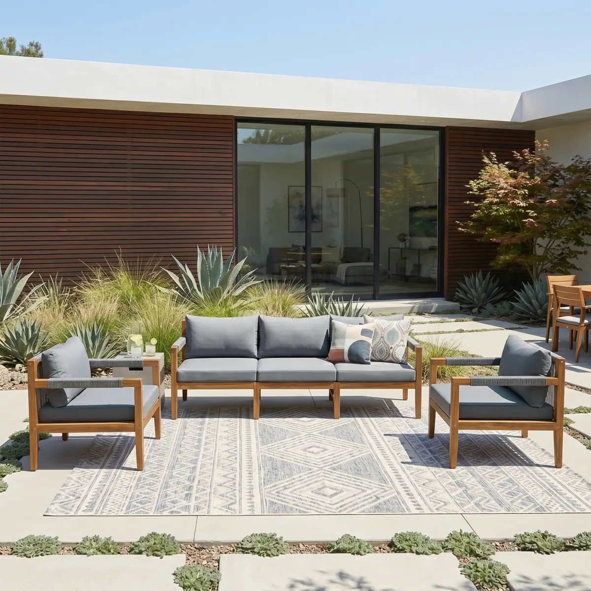 Aobtkel 3-Piece Deep Seat Outdoor Sectional Sofa Set, Rope Weave Patio Conversation Set with Solid Acacia Wood Frame, Water-Resistant Removable Cushions for Backyard, Poolside