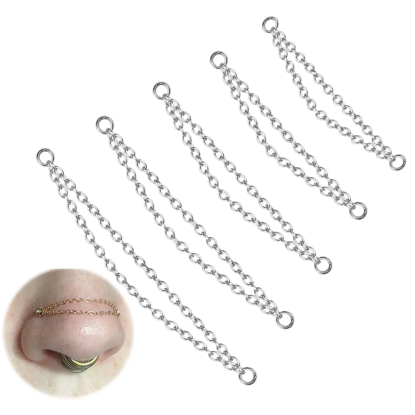 5 Pcs Surgical Steel Nose Chain Set, Multi-Size Dangle Bridge Jewelry for Female Double Nostril Piercing, Black Gold Silver, Christmas Valentine's Gift, 32Mm, Coworkers, 5 Different Lengths, 40Mm, Anniversary, Daily Wear, Skin-Safe, Birthday, Everyday, Mi