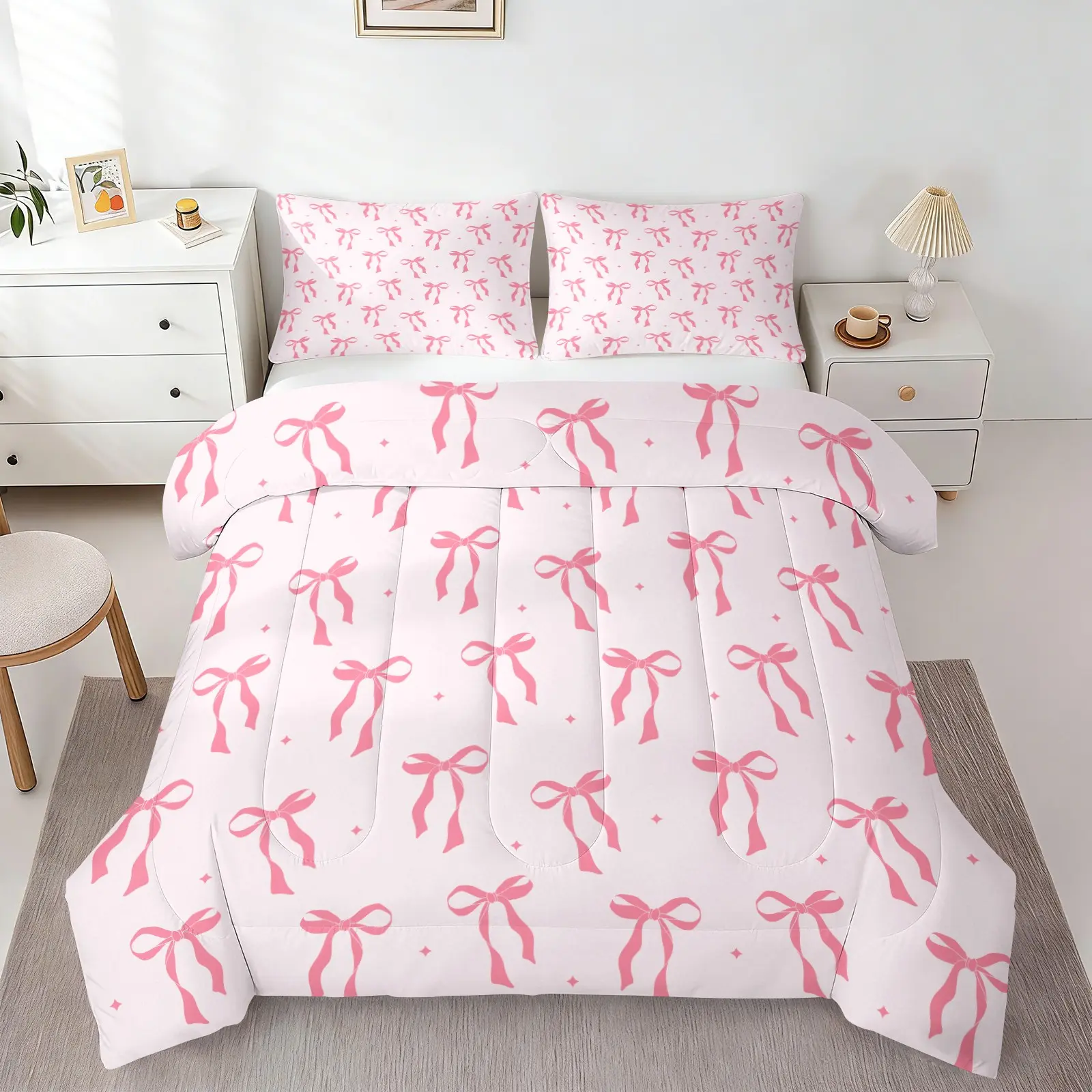 Light Pink Base Pink Bow Tiny Star Comforter Set, 1 Comforter + 1-2 Pillowcases, Soft Skin-Friendly Washable Microfiber Bed Set, HD Digital Print, Sweet All Seasons Coquette Aesthetic, Girls Dorm Bedroom Bedding