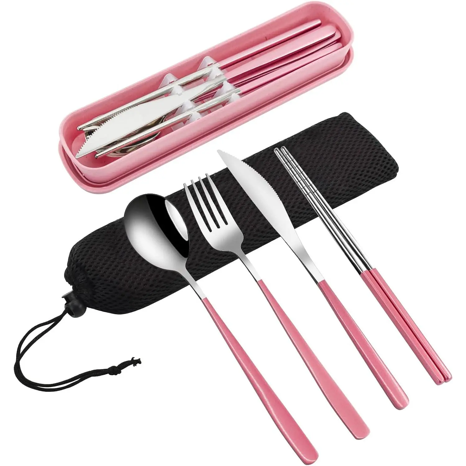 4- Portable Travel Utensils Set with Case 18/8 Stainless Steel Flatware Set  Cutlery Set with Fork Spoon  Chopstick for Lunch Travel Camping School Work Picnic ()