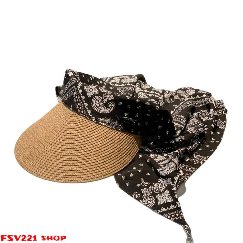 Vintage Paisley Scarf Tie Straw Visor Hat - Adjustable 54-62 cm Hollow Top Woven Breathable Sun Cap, Detachable Scarf Windproof Empty Crown Hat for Beach Vacation, Casual Daily Everyday Use, Summer Styling