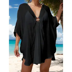 Swim Ring Linked Split Sleeve Asymmetrical Hem Cover Up