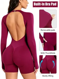 Long Sleeve Seamless Halter Bodysuit Jumpsuit with Shorts – Large Backless, Snap design,Quick-Dry Breathable Fitness Bodysuit with Hand-Cover Sleeves, Sexy Figure-Flattering Hip-Lifting One-Piece for Sports, Fitness, Dance & Outdoor.