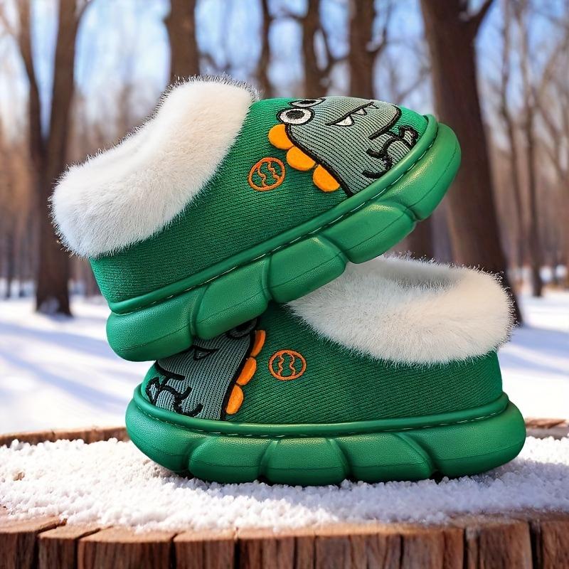Girls & Boys Cute Dinosaur Slippers - Soft Fabric Upper with Plush Lining & EVA Sole, Green with Heart & Dinosaur Patterns, Cozy Indoor/Outdoor Winter Shoes for Kids, All-Season Comfort, Easy Slip-On Design (Low-Top) - Ideal for Home, School, Play - Durab