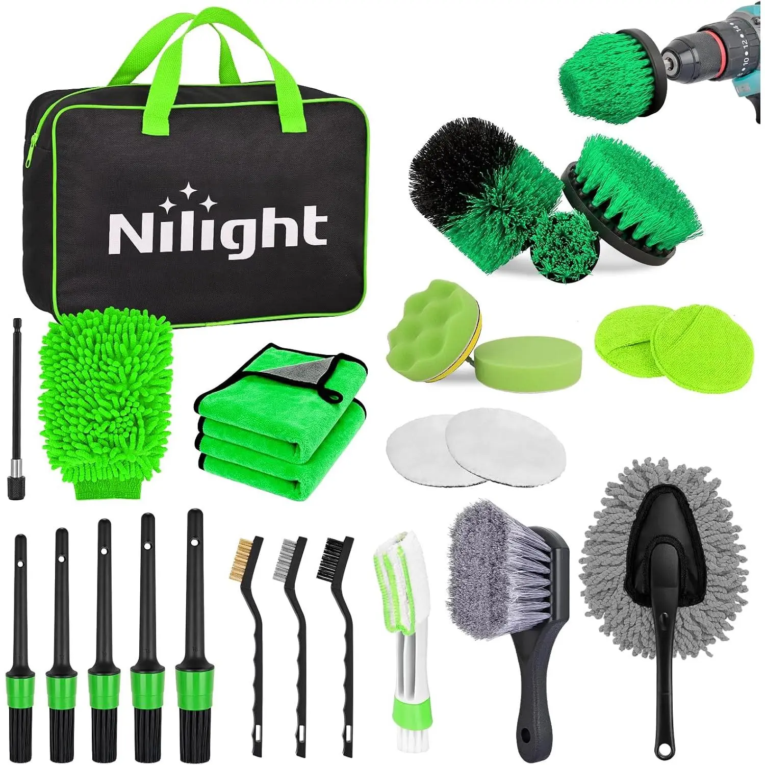 Nilight 27PCS Practical Car Detailing Kit with Compact Carry Bag, Various Tools for Interior-Exterior Deep Clean, Polish & Car Care (Windshield, Dashboard, Seat, Air Vents, Wheels, Tires) - Green Home Use Auto Cleaning Set