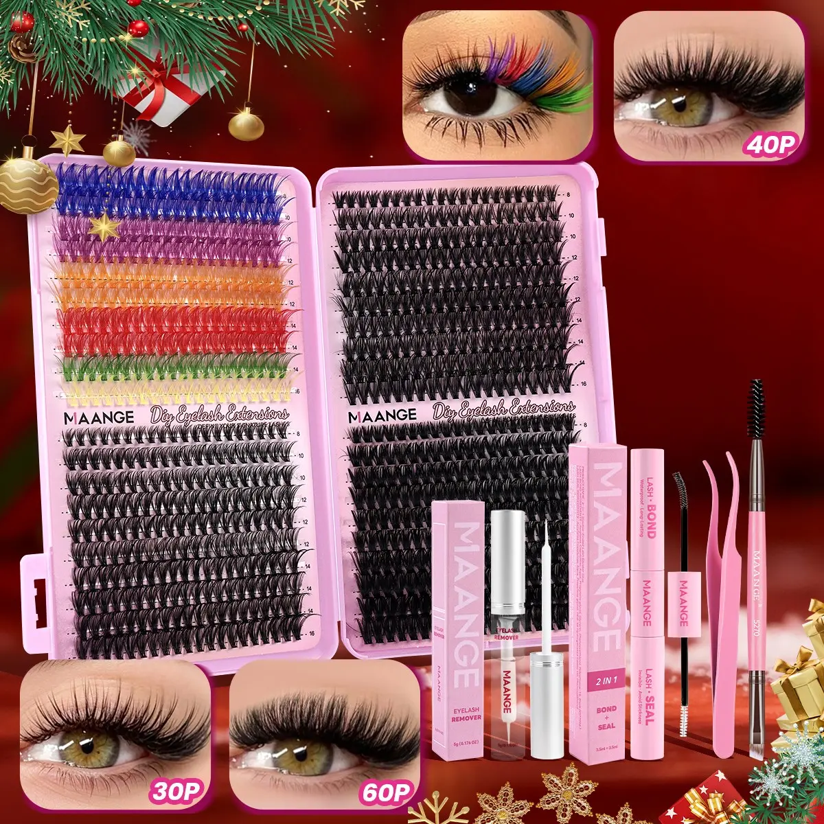 MAANGE 800 Pcs DIY Lash Clusters Kit, Mixed Eyelash Clusters, Colored & Black Individual Cluster Eyelashes, 30P/40P/60P Wispy Lashes with Bond & Seal, Lash Remover, Tweezers & Double-ended Brush, Complete Home Lash Extension Set for Christmas Party Makeup
