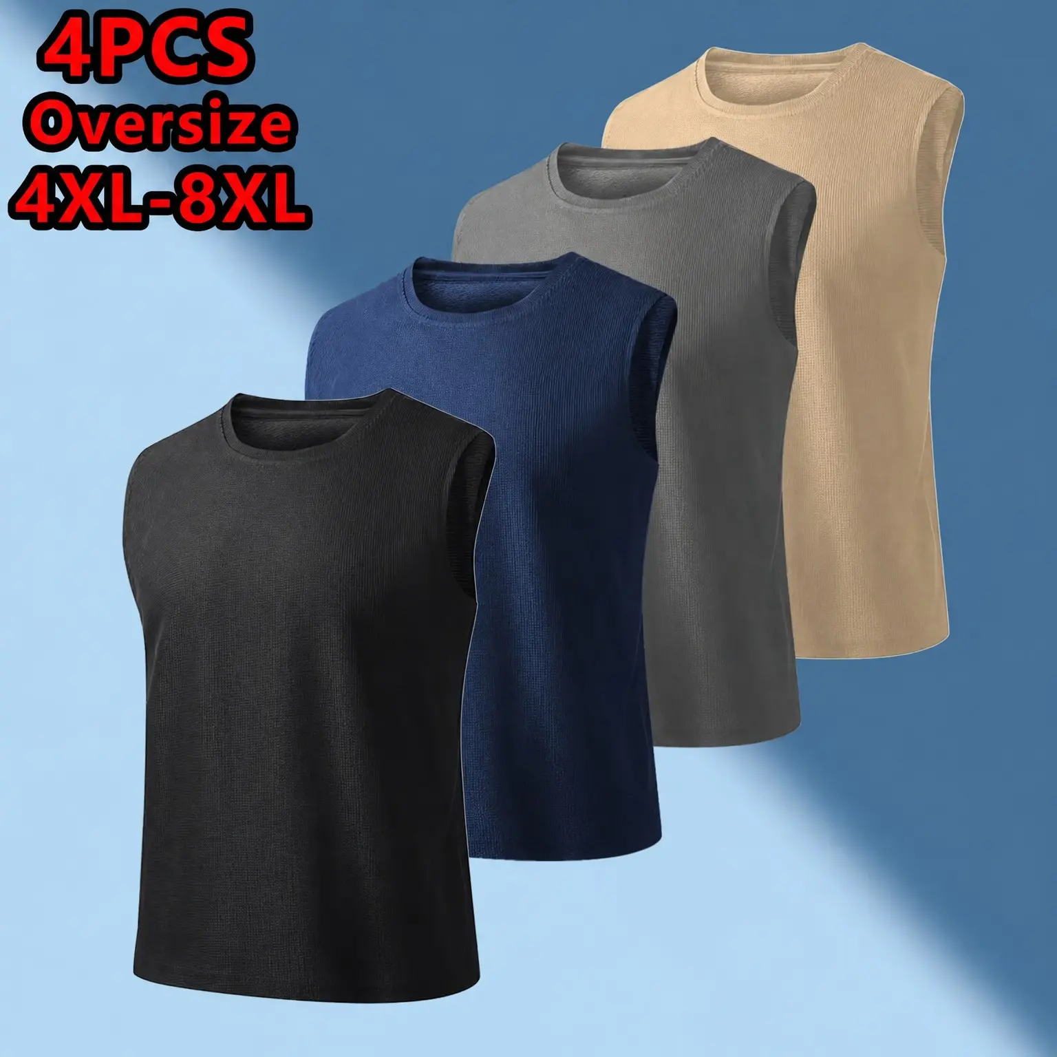 Men’s Plus Size Waffle Knit Sleeveless Tank Top Loose Fit, Solid Color Crew Neck Casual Sports Vest for Men, Suitable for Exercise and Walking, Quick-Dry Fabric, Lightweight Material, Comfortable Vest, Available in Multiple Colors