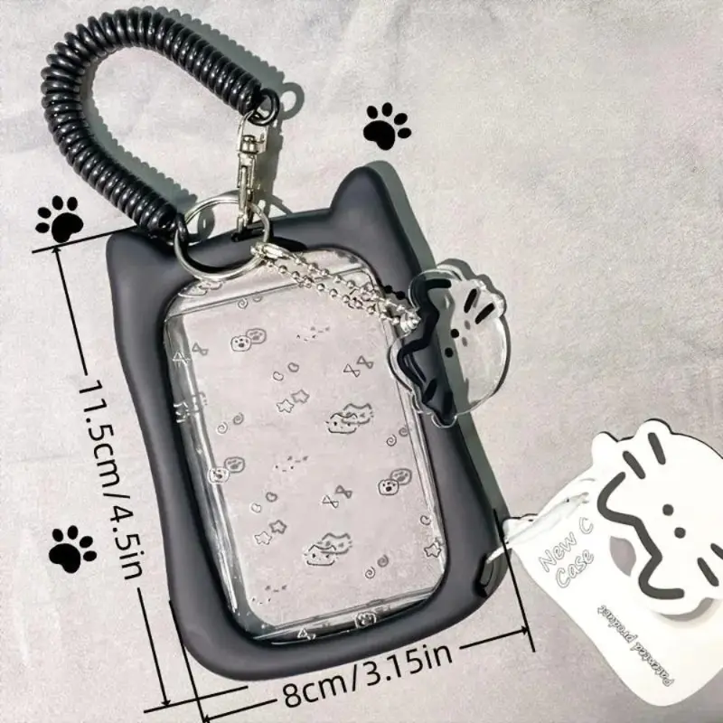 Kawaii Cat Ear Photocard Holder for Kpop ID Cards, Black & White Student ID Badge Case with Coiled Lanyard and Charm, Students, Id Holders For Badges, Lanyards With Id Holder