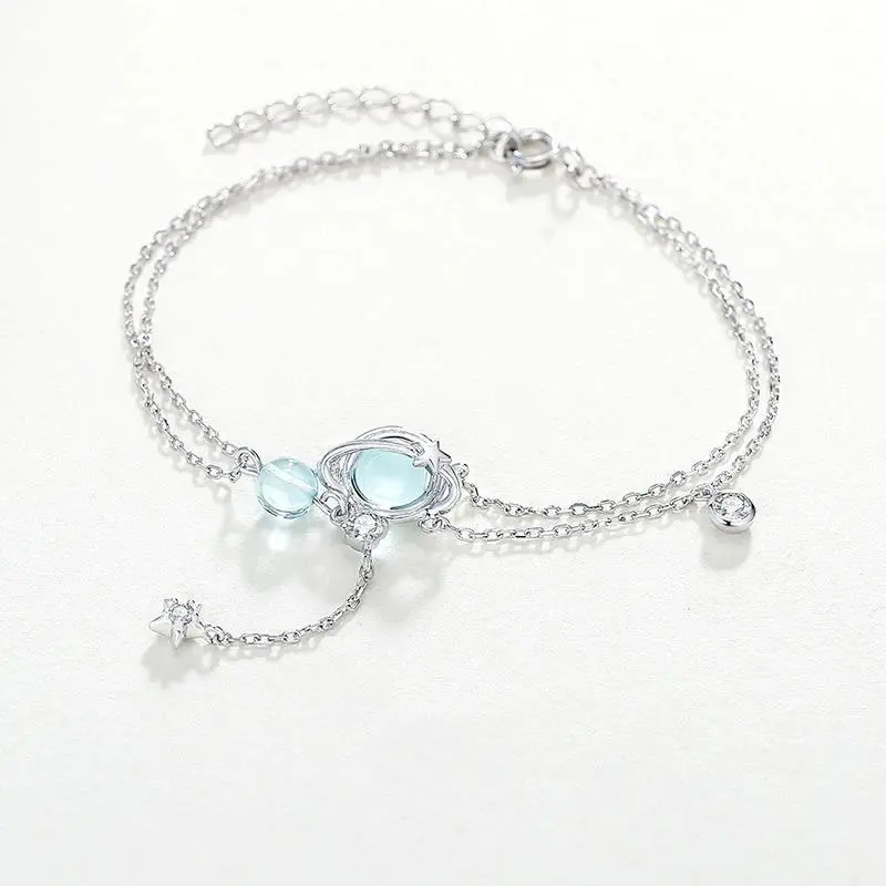 925 Sterling Silver 19CM Double Bracelet Aquamarine Crystal Encrusted Bracelet Elegant Feminine Trend Jewelry, 925 Bracelets & Bangles, Arm Candy Accessories