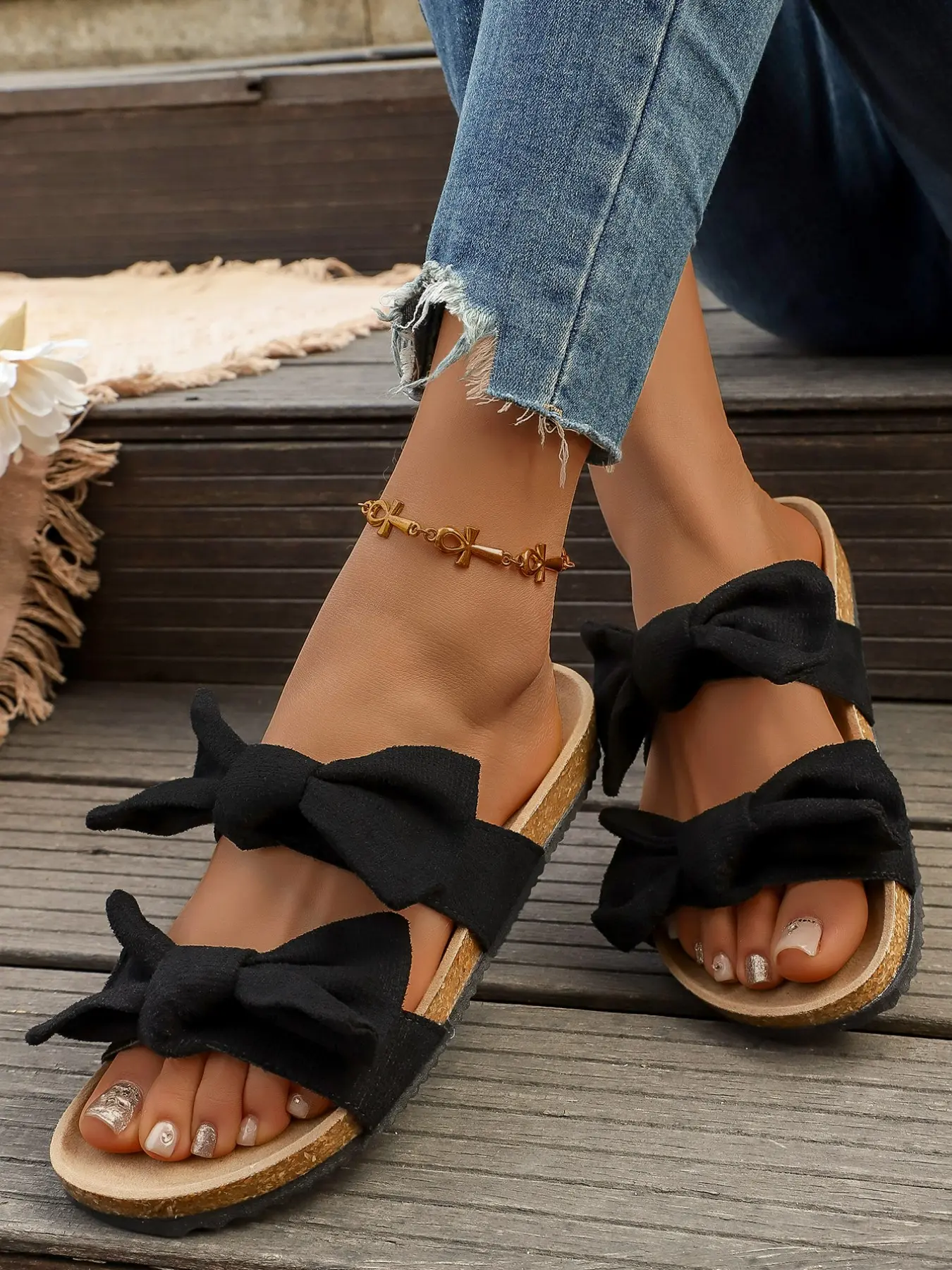 Women's Spring Summer Large Size Shoes, Fashionable Dual Bow Design, Anti-Slip Fabric, Indoor Outdoor Wear, Comfortable Flat Slippers