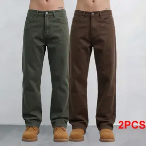 Men's 2-pack simple solid color straight leg casual twill jeans, classic five-pocket mid-rise non-stretch straight leg design, everyday street casual pants, basic solid color straight leg jeans, versatile for everyday wear.