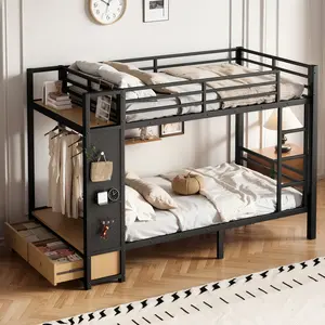 Twin XL over Twin XL Metal Bunk Bed with Storage Drawer and Shelves ,Drawers and Pegboard, for Kids Teens, Black