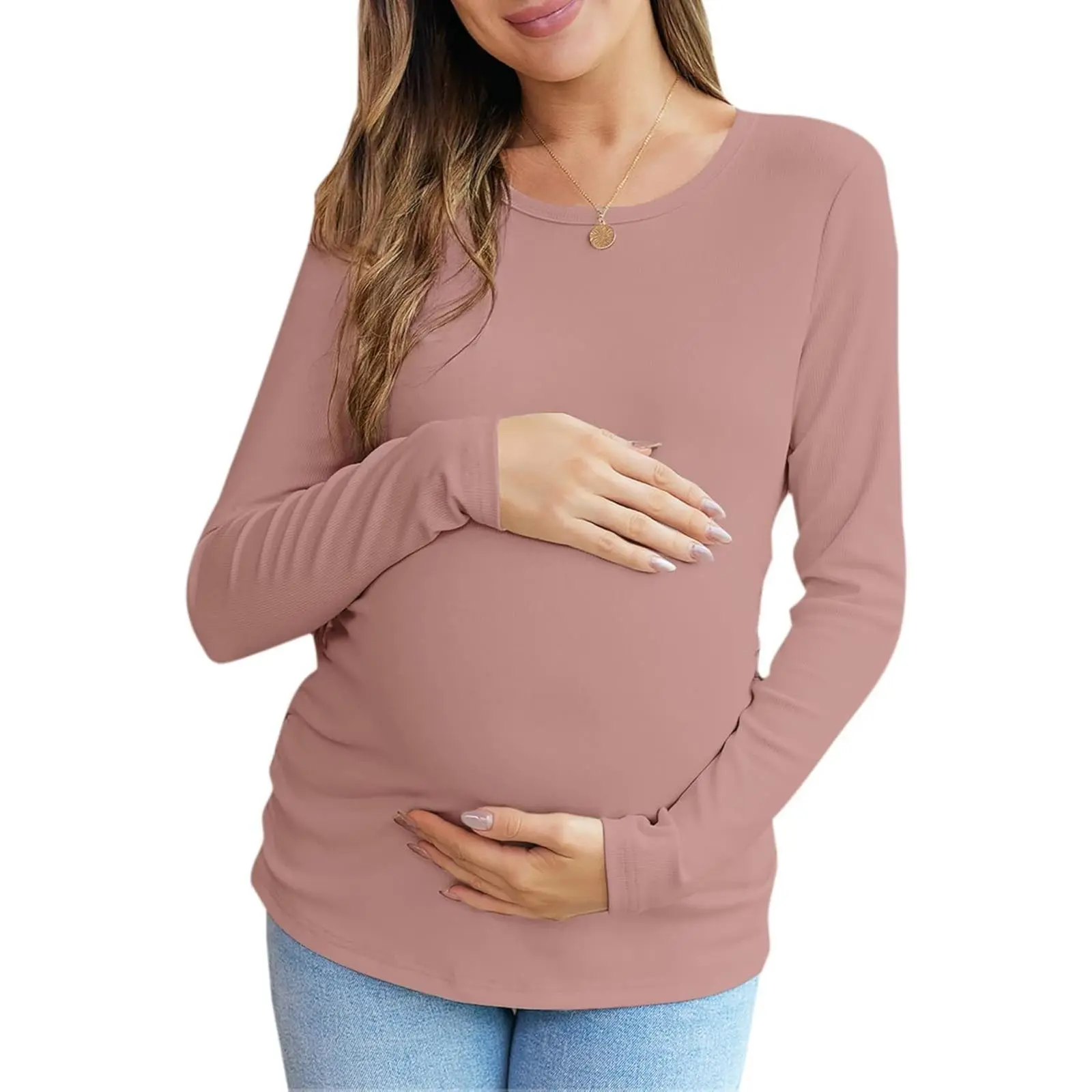 Yousify Women's Maternity Fall Blouse - Long Sleeve Crew Neck, Ribbed Polyester, Breathable Stretch, Slim Fitted, Side Ruched Pregnancy Top for Maternity Clothing, Full Sleeves