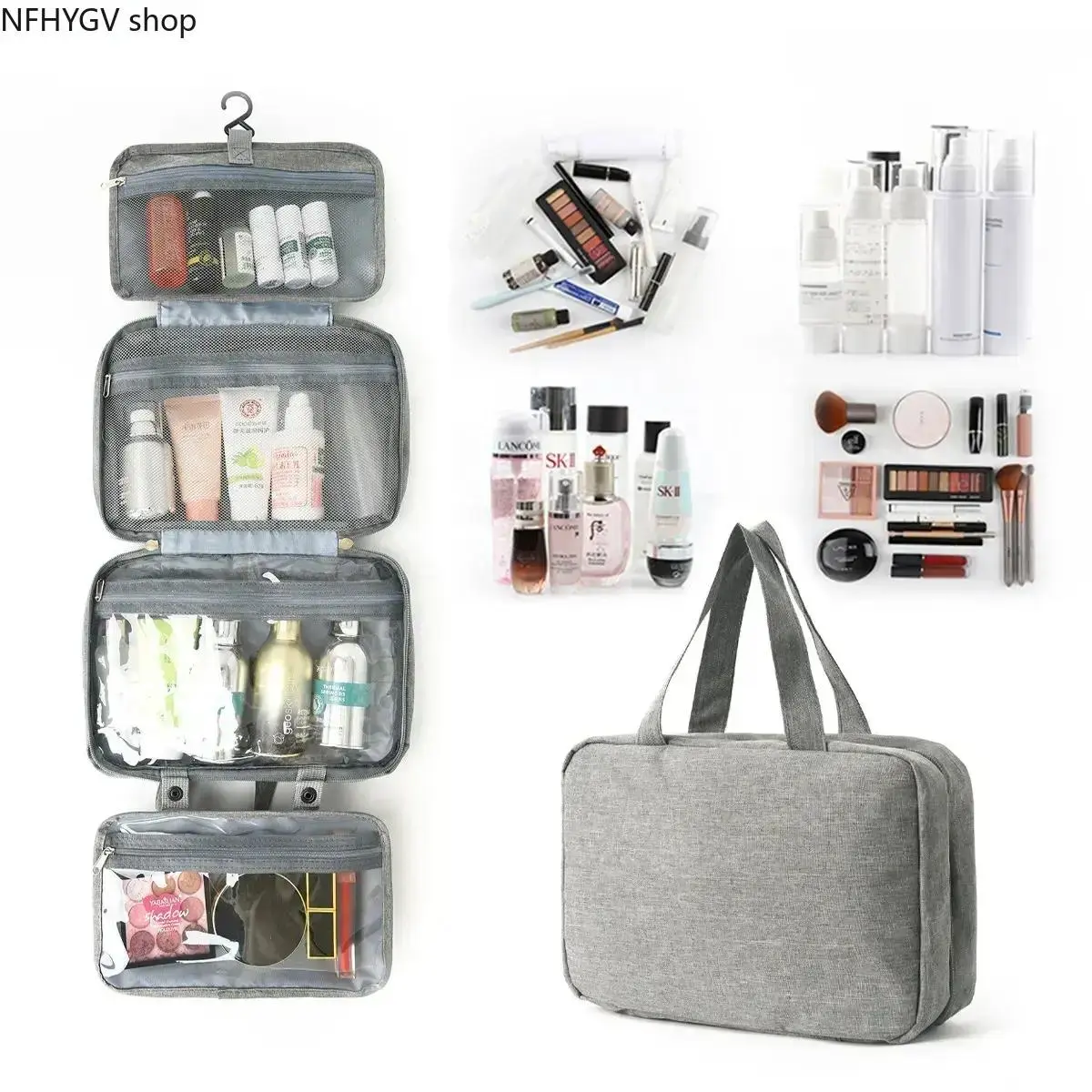 Hanging Travel Toiletry Bag With Built-In Organizer, Solid Water-Resistant Fabric With 4 Compartments & Hook, Cosmetic Storage Pouch For Travelers Makeup Skincare Essentials Organizing Use