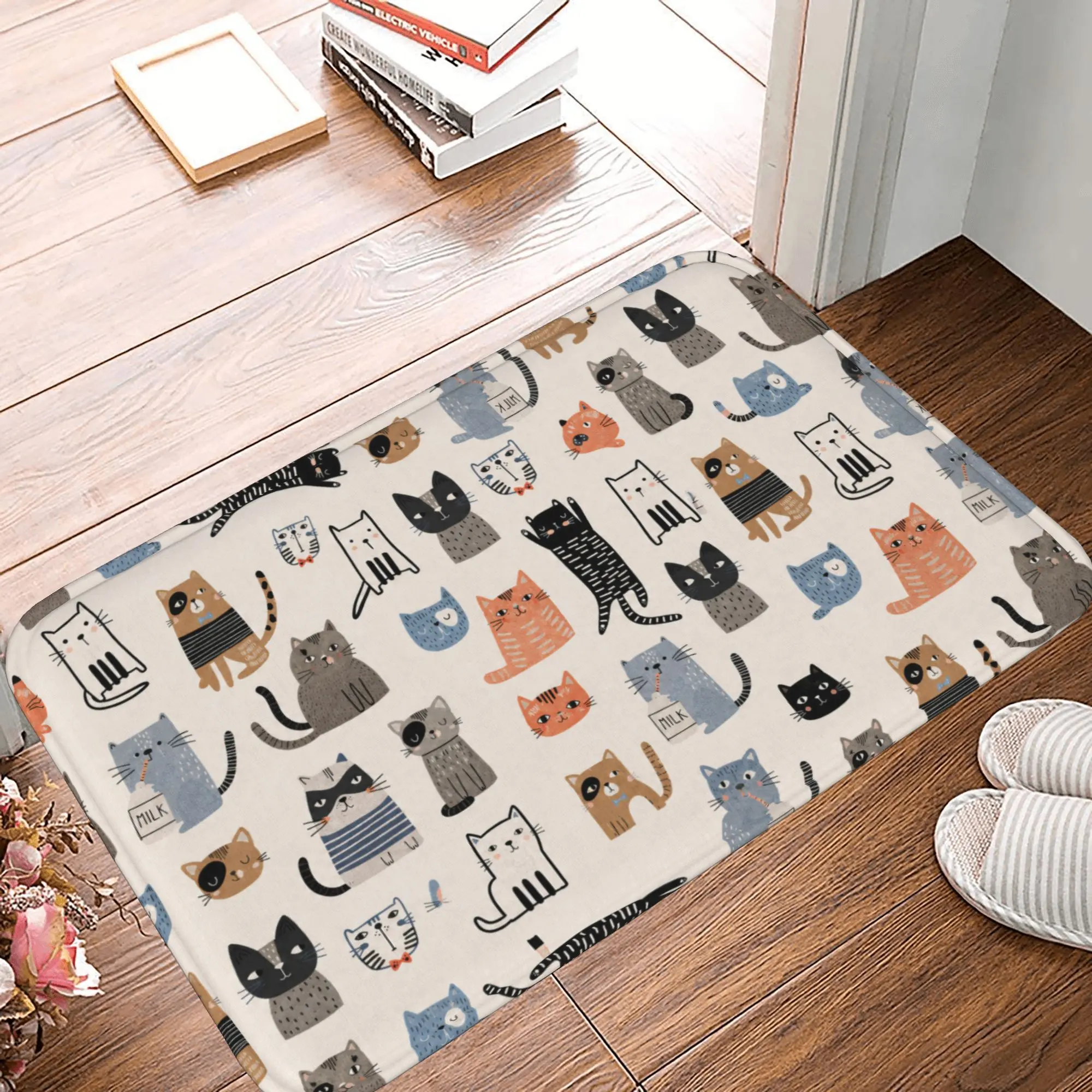 Funny Cat Pattern Indoor Doormat, Non-Slip Flannel Floor Mat for Entryway, Cute Cartoon Kitten Area Rug, Durable Scraping Mud Dirt Trapper for Home Decor, Low Profile Welcome Mat Easy Clean