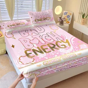 Novelty "Bad Btch Energy" Candy Floss Statement Bedding - 1 Fitted Sheet + 2 Pillowcases, Breathable & Cozy Fabric, Deep Pocket Non-Slip Mattress Protector, Perfect for Teen Bedroom Makeover & Birthday Gift