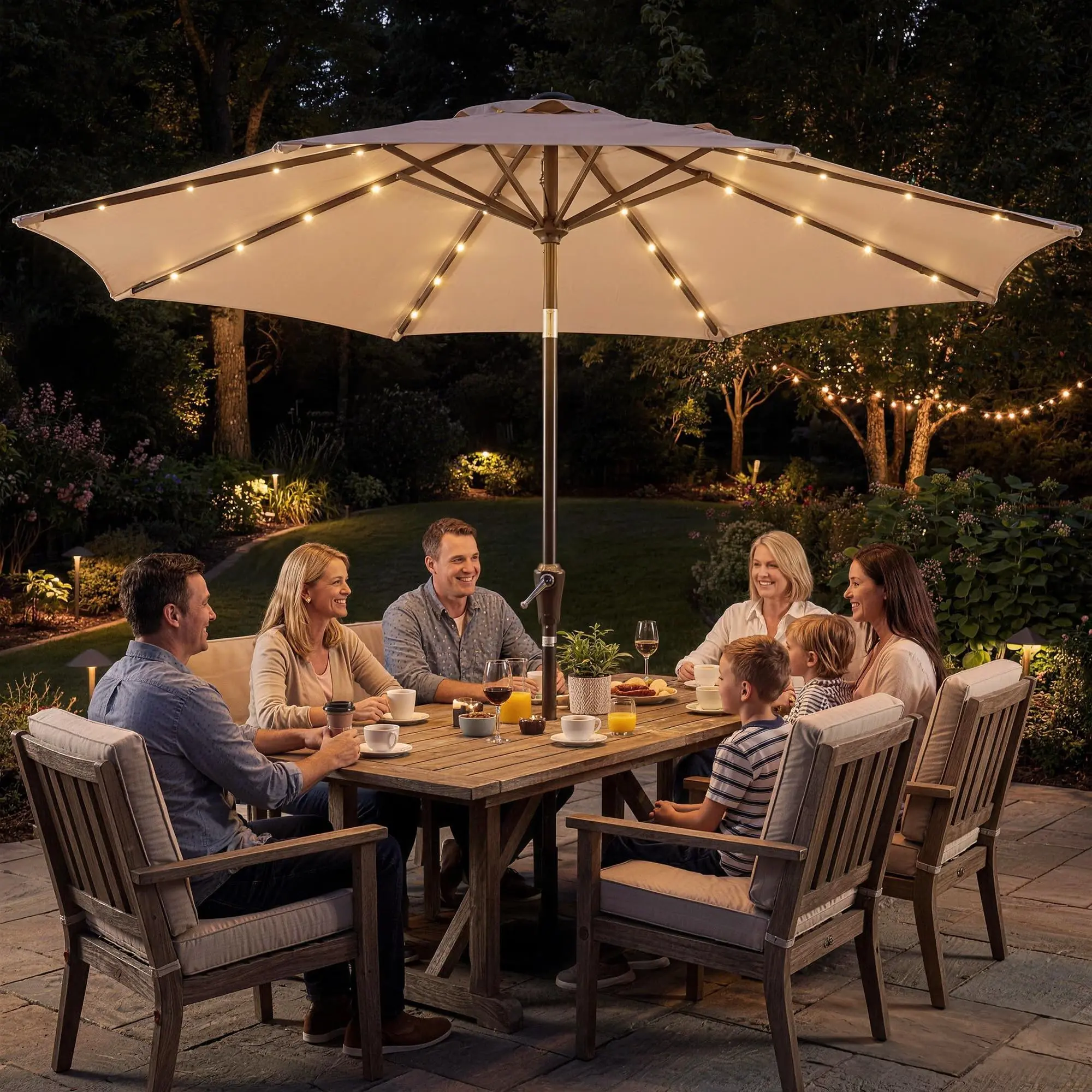 10FT Solar LED Sun Umbrella Parasol - 32 Lights, UV Resistant Sun Protection, Easy Crank-Tilt, Heavy-Duty Iron Ribs, Solar Illuminated Outdoor Shade Solution - Ideal for Garden, Deck - Brown, Light Up Your Space