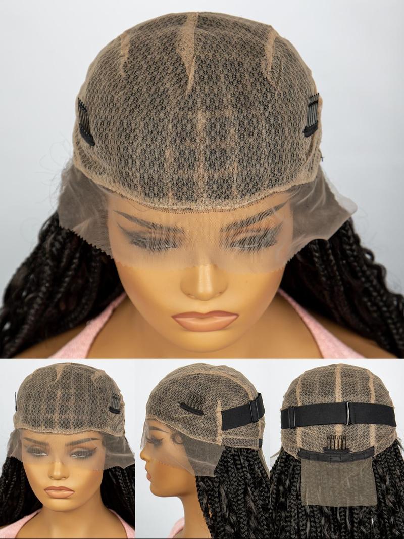 33 Inch Black Full Lace Front Box Braided Wig with Curly Hair Distressed Knotless Braided Wigs for Women, Synthetic Braided Lace Wigs for Party, Daily Use, Wigs That Look Like Real Hair, Kinky Curly Wigs