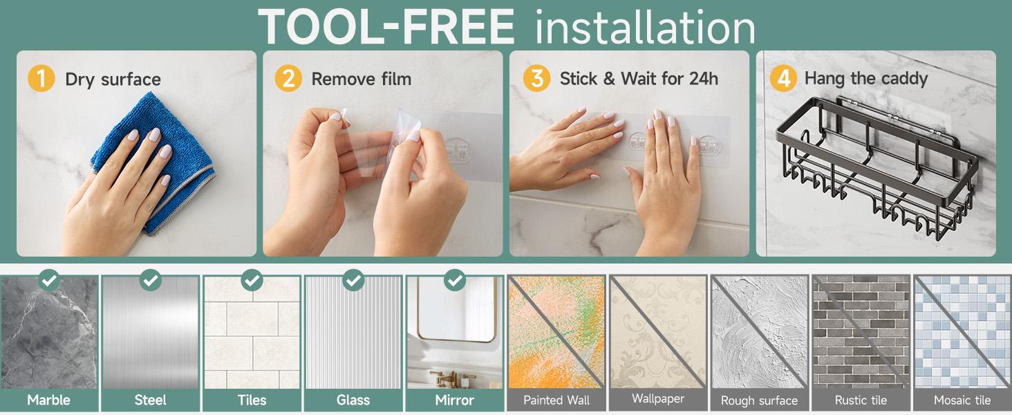 Shower Caddy 6-Pack, Advanced Rustproof Design, No Drilling Adhesive Shelves, Rack with Soap Holder, Large Capacity Bathroom Organizers and Storage, Wall-Mounted Kitchen & Home Decor